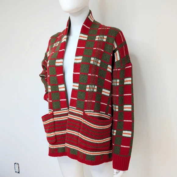 Men's Retro Red, Green, & Orange Plaid Open Style Shawl Collar Cardigan Sweater - Picture 2 of 7
